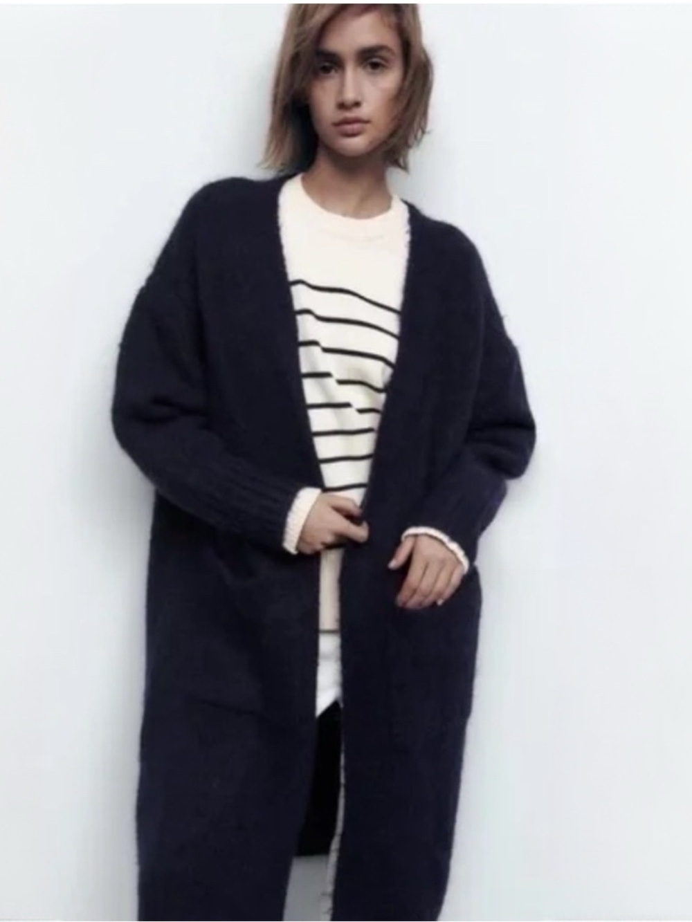 Zara Long Patch Pocket Cardigan Navy Sz M/L - Picture 3 of 12